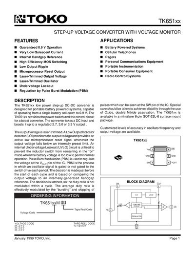 TOKO TK651xx Step-up Voltage Converter Handbook - cover page