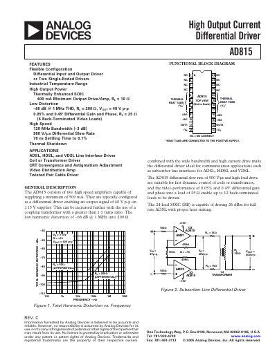Analog Devices AD815 High Output Current Differential Driver Datasheet - cover page