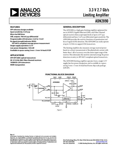 Analog Devices ADN2890 Limiting Amplifier Datasheet - cover page