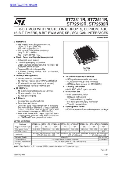 ST ST72311R ST72511R ST72512R ST72532R 8-BIT MCU WITH NESTED INTERRUPTS EEPROM ADC 16-BIT TIMERS 8-BIT PWM ART SPI SCI CAN INTERFACES handbook - cover page