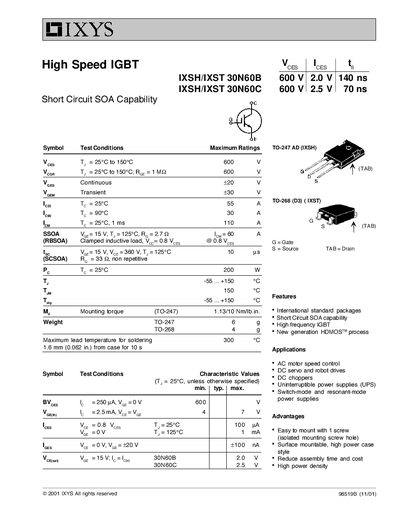 IXYS IXSH/IXST 30N60B Handbook - cover page