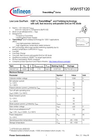 Infineon IKW15T120 TrenchStop® Series Datasheet - cover page