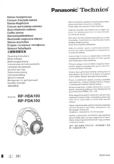 Panasonic RP-HDA100 Stereo Headphones User Manual - cover page
