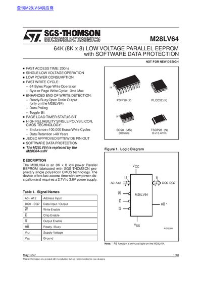 SGS-THOMSON M28LV64 EEPROM Datasheet - cover page