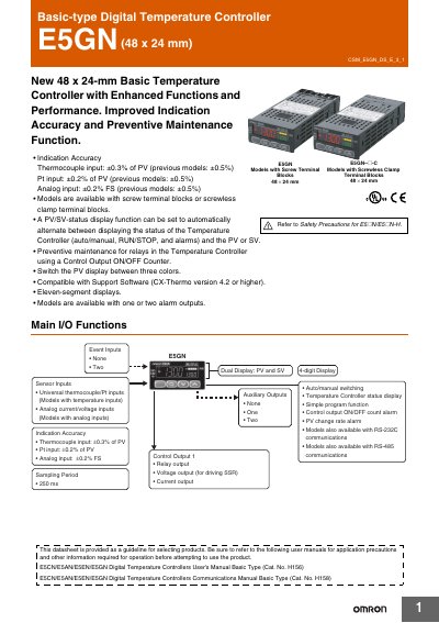 Omron E5GN Basic-type Digital Temperature Controller Datasheet - cover page