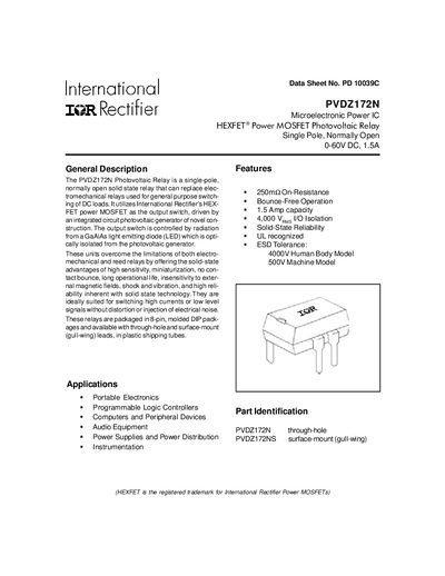 lnternational IOR Rectifier PVDZ172N Data Sheet  - cover page