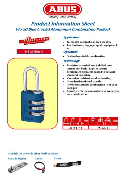 ABUS 145 20 Blue C Combination Padlock Product Information Sheet - cover page