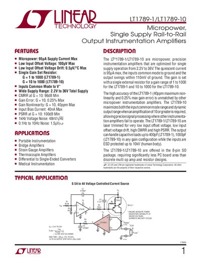 Linear Technology LT1789-1/LT1789-10 Instrumentation Amplifier Datasheet - cover page