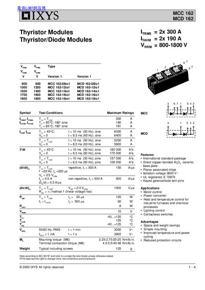 IXYS MCC 162/MCD 162 Thyristor Modules Datasheet - cover page