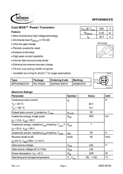 Infineon SPP20N60CFD Datasheet - cover page