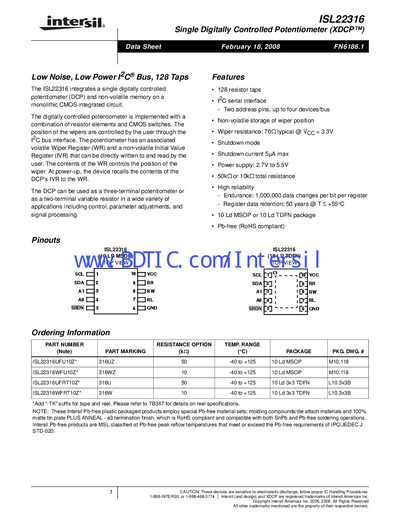 Intersil ISL22316 Datasheet - cover page