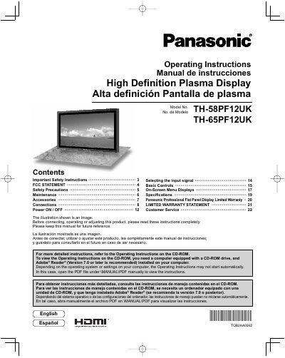 Panasonic TH-58PF12UK/TH-65PF12UK Plasma Display Operating Instructions - cover page