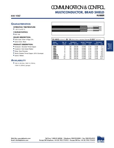 Alpha 600V Multiconductor Braid Shield Rubber Datasheet - cover page