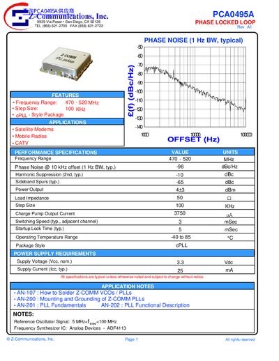 Z-Communications PCA0495A Phase Locked Loop Datasheet - cover page