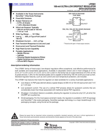 Texas Instruments LP2981 Ultra-Low Dropout Regulator Datasheet - cover page