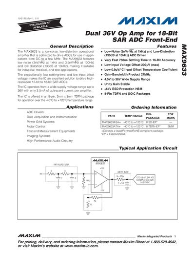 Maxim MAX9633 Dual 36V Op Amp Datasheet - cover page