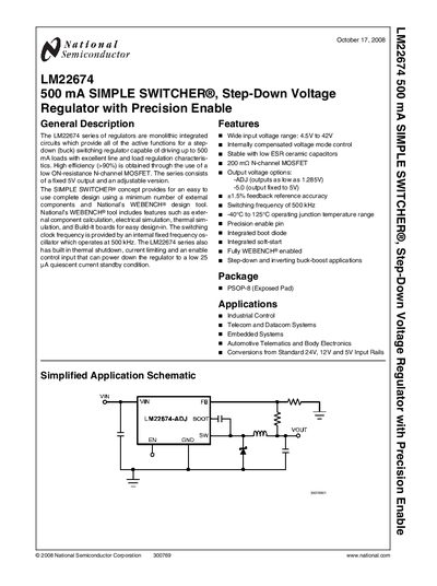 National Semiconductor LM22674 Step-Down Voltage Regulator Datasheet - cover page