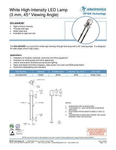 OPTEK OVLAW4CB7 LED Lamp Datasheet - cover page