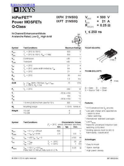 IXYS IXFH 21N50Q/IXFT 21N50Q Power MOSFET Datasheet