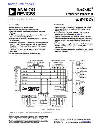 Analog Devices ADSP-TS203S TigerSHARC Processor Datasheet - cover page