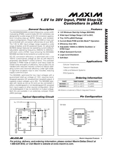 Maxim MAX668/MAX669 PWM Step‑Up Controller Datasheet
