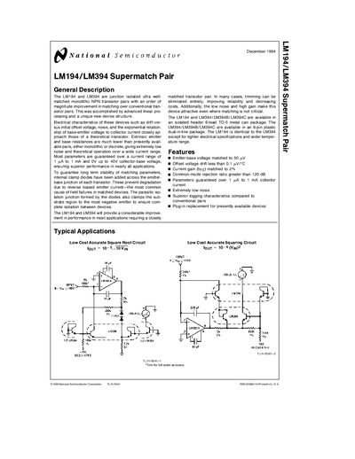 National Semiconductor LM194/LM394 Supermatch Pair Datasheet - cover page