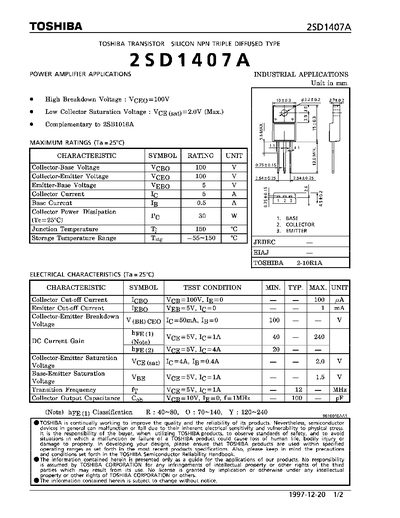 Toshiba 2SD1407A Transistor Datasheet - cover page