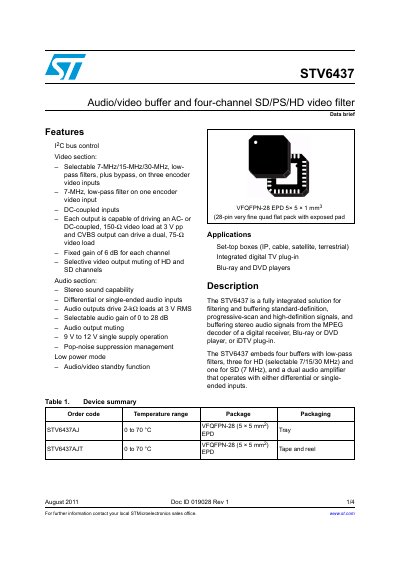 STMicroelectronics STV6437 Audio/Video Buffer and Filter Datasheet