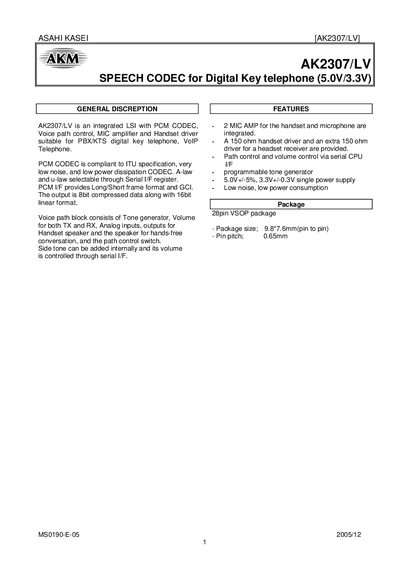 Asahi Kasei AK2307/LV Speech Codec Programming Manual - cover page