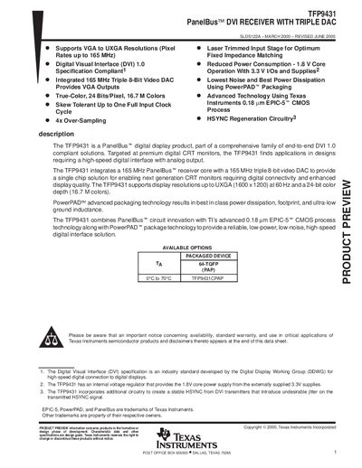 Texas Instruments TFP9431 PanelBus DVI Receiver with Triple DAC Data Sheet - cover page