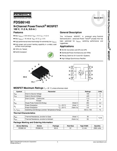 Fairchild Semiconductor FDS86140 N-Channel PowerTrench MOSFET Datasheet - cover page