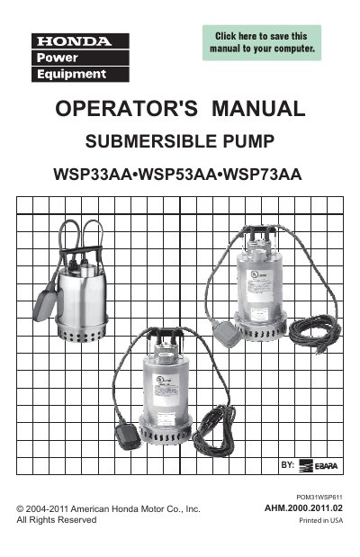 Honda WSP33AA/WSP53AA/WSP73AA Submersible Pump Operator's Manual - cover page