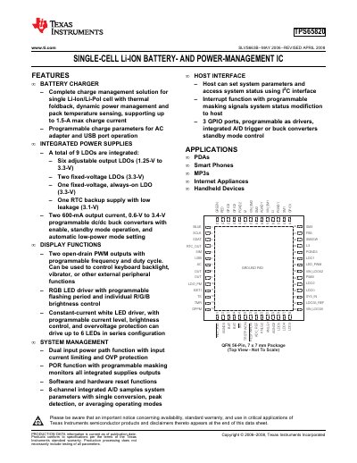 Texas Instruments TPS65820 Single-Cell Li-Ion Battery and Power Management IC Datasheet - cover page