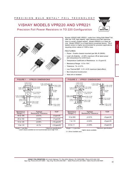 Vishay VPR220 and VPR221 Foil Resistor Datasheet - cover page