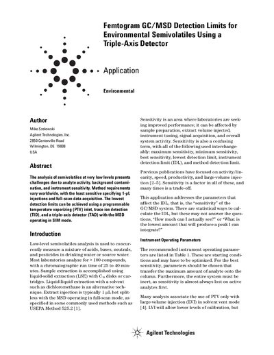 Agilent Femtogram GC/MSD Detection Limits for Environmental Semivolatiles Using a Triple-Axis Detector Application Note - cover page