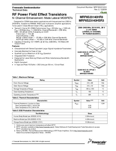 Freescale MRF6S23140HR3 / MRF6S23140HSR3 Datasheet - cover page