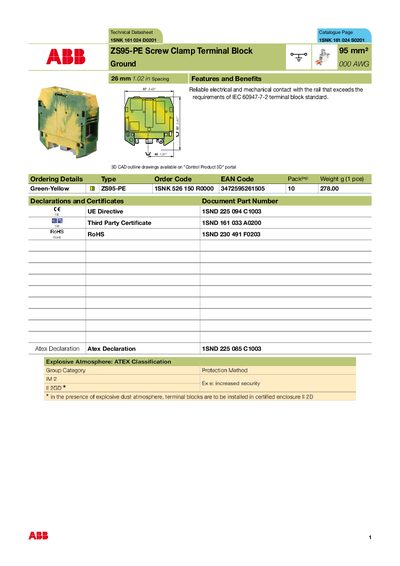 ABB ZS95-PE Screw Clamp Terminal Block Datasheet - cover page