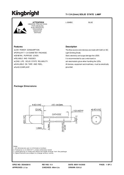 KINGBRIGHT T-1 3/4 (5mm) SOLID STATE LAMP L-53MBC Manual - cover page