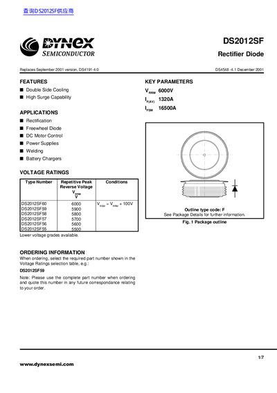 Dynex Semiconductor DS2012SF Rectifier Diode Datasheet - cover page