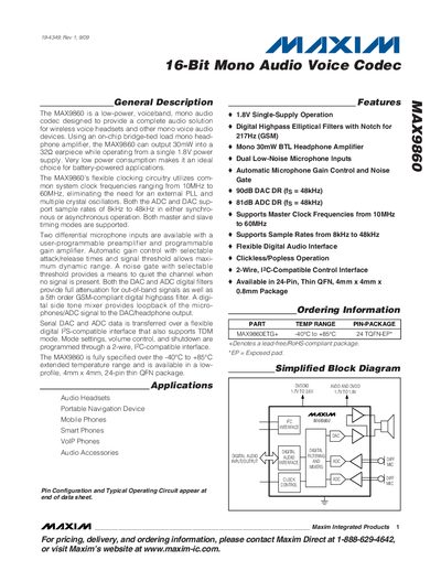 Maxim MAX9860 16-Bit Mono Audio Voice Codec Handbook - cover page