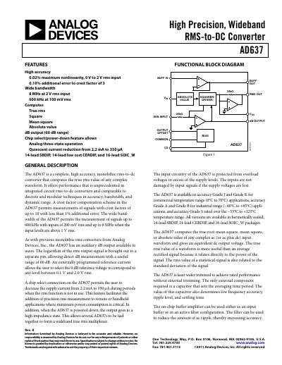 ANALOG DEVICES AD637: High Precision Wideband RMS-to-DC Converter Data Sheet (Rev K 2011-02-15-) - cover page