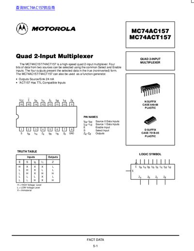 Motorola MC74AC157/MC74ACT157 Quad 2-Input Multiplexer Datasheet - cover page