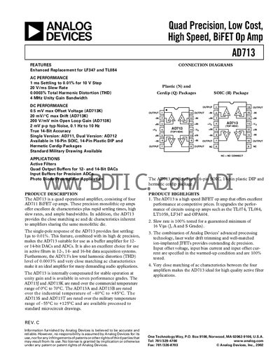 Analog Devices AD713 Quad Operational Amplifier Datasheet - cover page