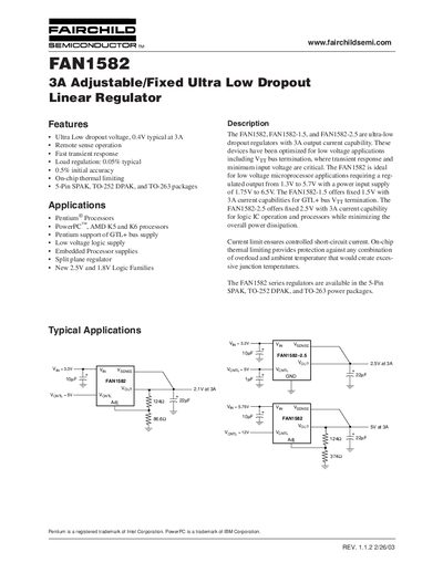 Fairchild FAN1582 Ultra Low Dropout Linear Regulator Datasheet - cover page