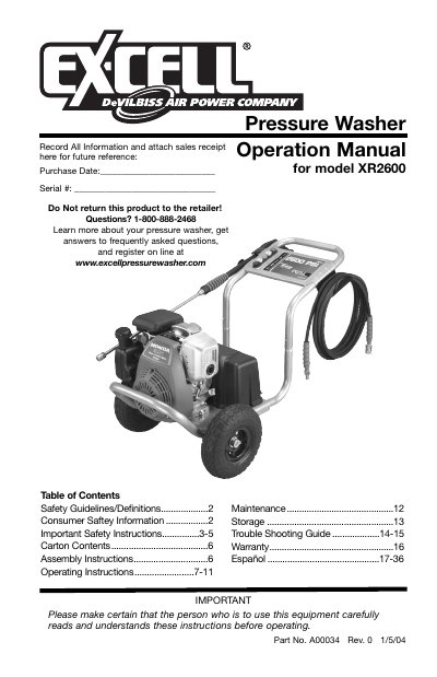 Excell XR2600 Pressure Washer Operation Manual - cover page