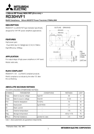 Mitsubishi RD30HVF1 Silicon MOSFET Power Transistor Datasheet - cover page