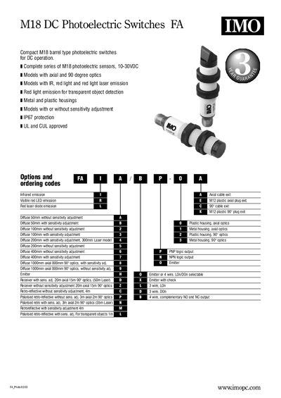 IMO M18 DC Photoelectric Switches FA User Manual - cover page