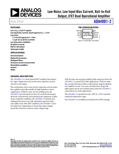 Analog Devices ADA4001-2 Dual Operational Amplifier Datasheet - cover page