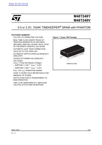 STMicroelectronics M48T248Y/M48T248V Timekeeper SRAM Datasheet - cover page