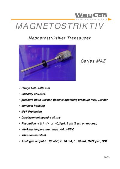 Waycon MAZ Magnetostrictive Transducer Datasheet - cover page
